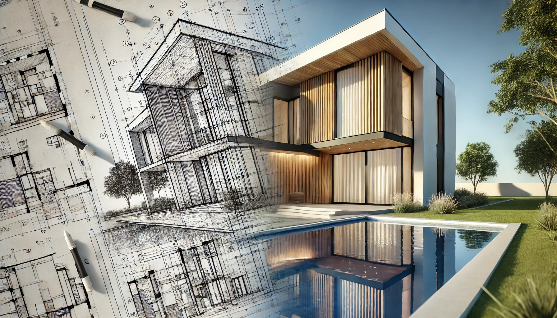 DALL·E 2024-10-25 09.57.27 - A realistic 3D architectural rendering of a modern house, blending hand-drawn architectural sketch lines with a completed digital render. The house fe