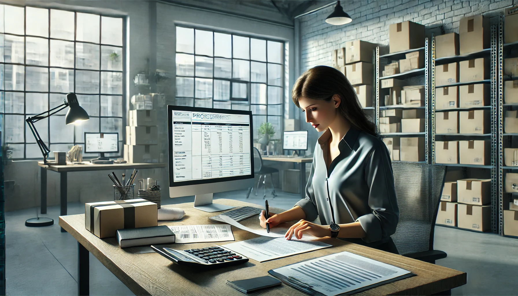 DALL·E 2024-10-25 10.11.05 - A realistic image of a woman working in an office of a procurement department. She is sitting at her desk, carefully doing calculations on paper and u